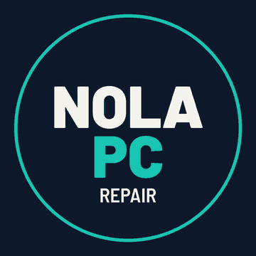 NOLA PC Repair logo: NOLA in white, PC in teal, and REPAIR in white inside a teal ring on navy.